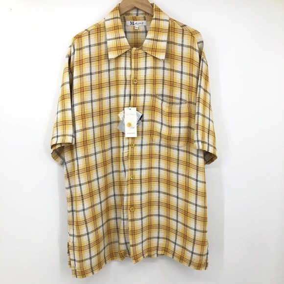 Maltos Men’s Button Up Shirt Size L Plaid Linen Rayon Blend Short Sleeve Yellow - Picture 3 of 12